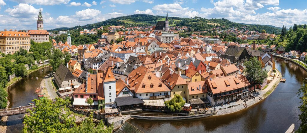 Aerial view of Český Krumlov with its iconic architecture and river coursing through the city.