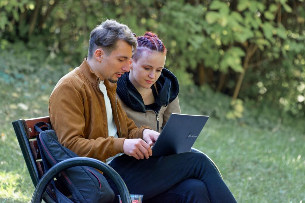 people, young people, couple, friendship, place, the bank, working, laptop, outdoor, park, the nature, people, people, people, people, people, couple, laptop