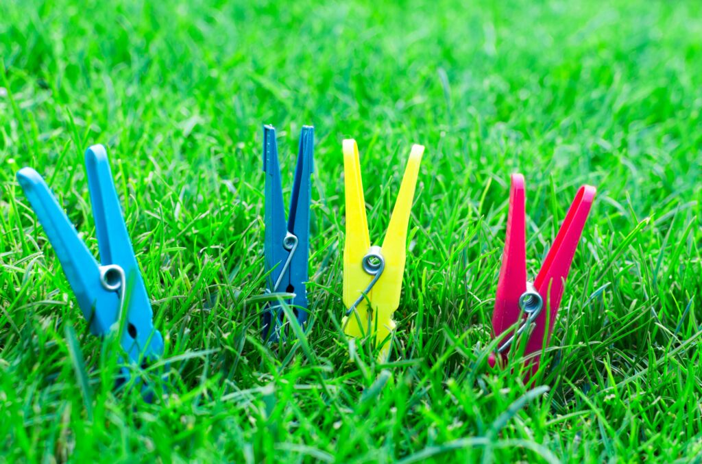 Vibrant clothespins set against fresh green grass illustrate outdoor simplicity and color.