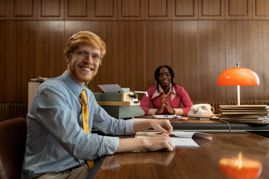 Smiling professionals in vintage office setting with typewriter and retro decor.