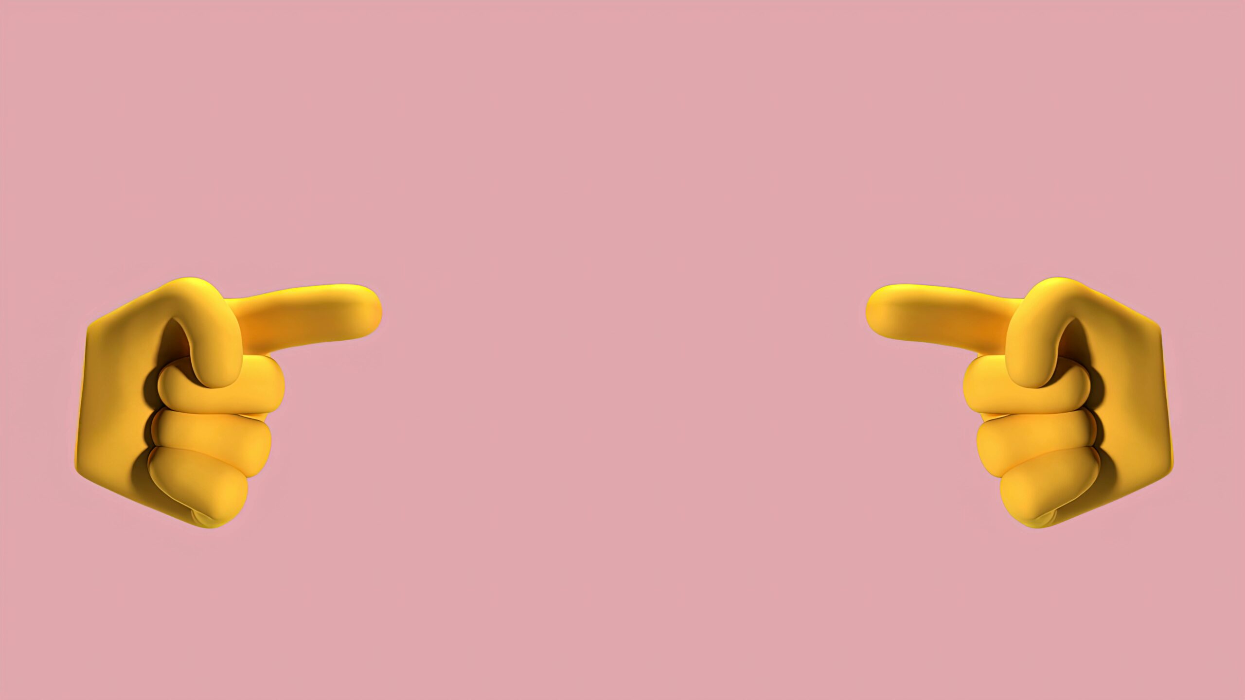 Bright yellow 3D hands pointing towards each other on a pink background, ideal for conceptual designs.