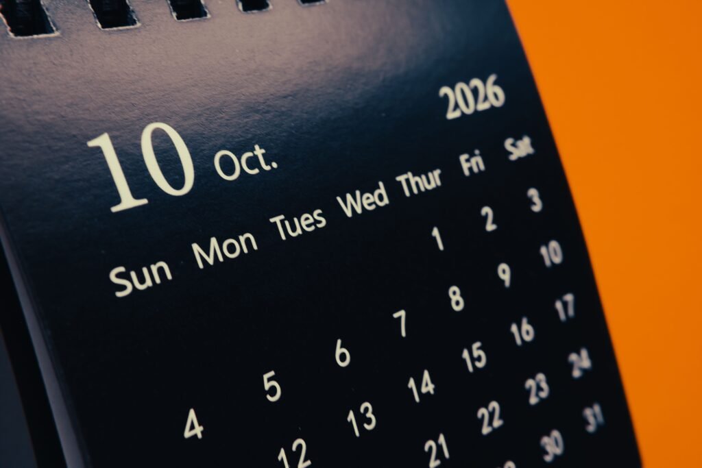 pexels-photo-39724371-39724371 A detailed view of a calendar page showing October 2026 with focus on October 10th.
